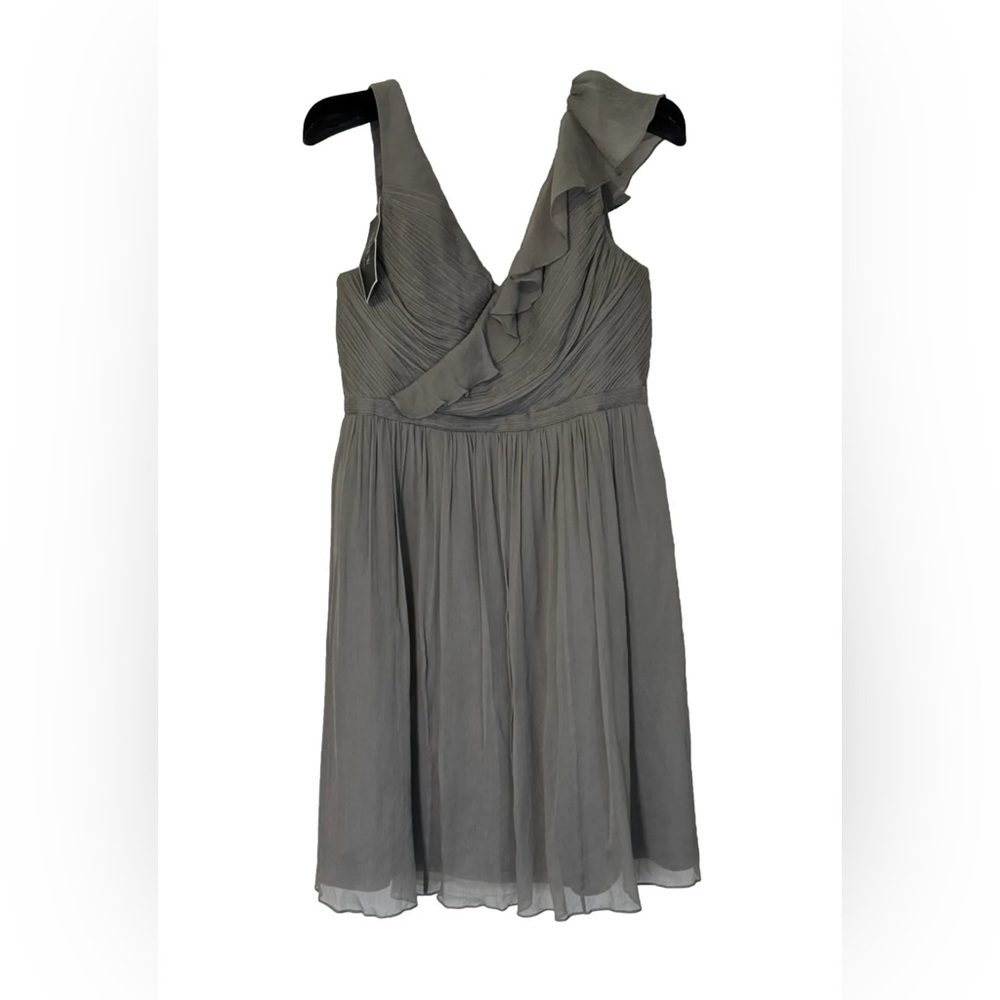 J.‎ Crew Women 100% Silk Serena Mini Skater Dress Ruffle V Neck Gray Sz 14